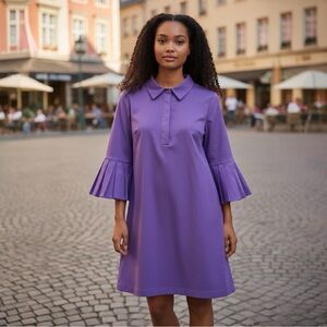 Chico's Vibrant Purple Above Knee Length Dress with Pleated Bell Sleeves Sz 14